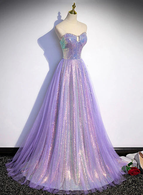 Luolandi Light Purple Tulle and Sequins Sweetheart Long Pary Dress A-line Prom Dress Formal Dress Off Shoulder Sparkly