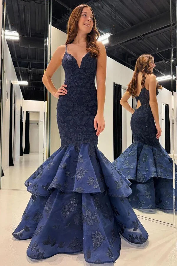 Luolandi Navy Blue V Neck Mermaid Long Prom Dresses with Appliques Sexy Evening Dress