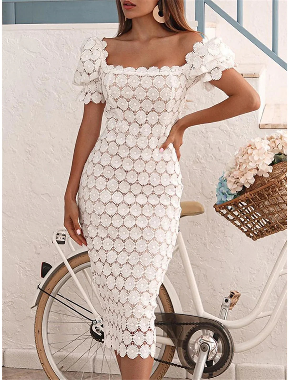 Luolandi Women's Sequin Dress Party Dress Lace Dress Midi Dress Black Short Sleeve Plain Lace Square Neck Elegant Cocktail Dress