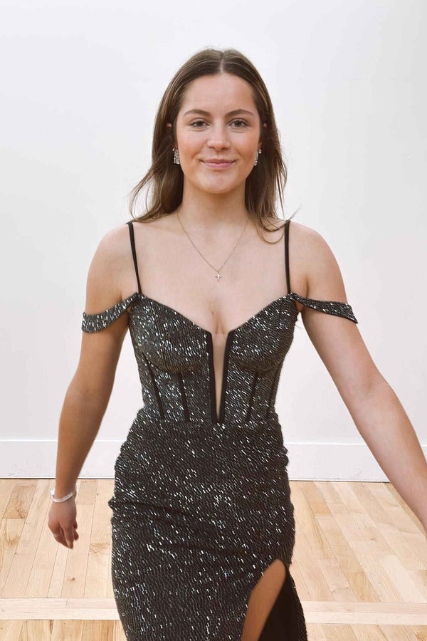 Luolandi Cold Shoulder Black Beaded Slit Mermaid Prom Dress Sparkly Evening Dress