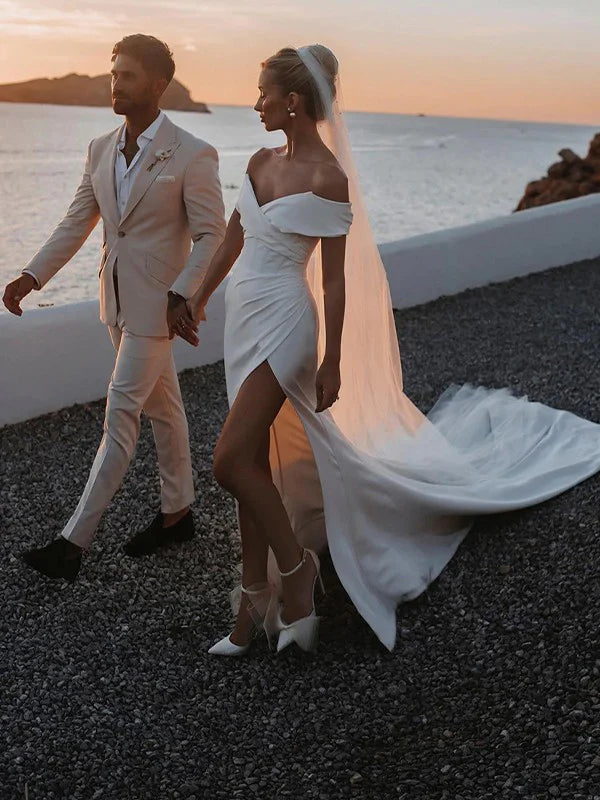 Luolandi Sheath/Column Crepe Ruched Off-the-Shoulder Sleeveless Chapel Train Wedding Dresses With Slit Without Wedding Veil