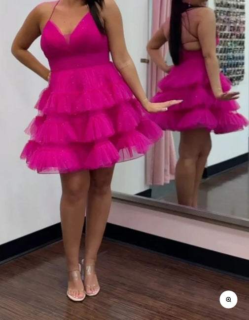 Luolandi Glitter A Line Tiered Tulle Homecoming Dresses Sexy Party Dress Short Prom Dress