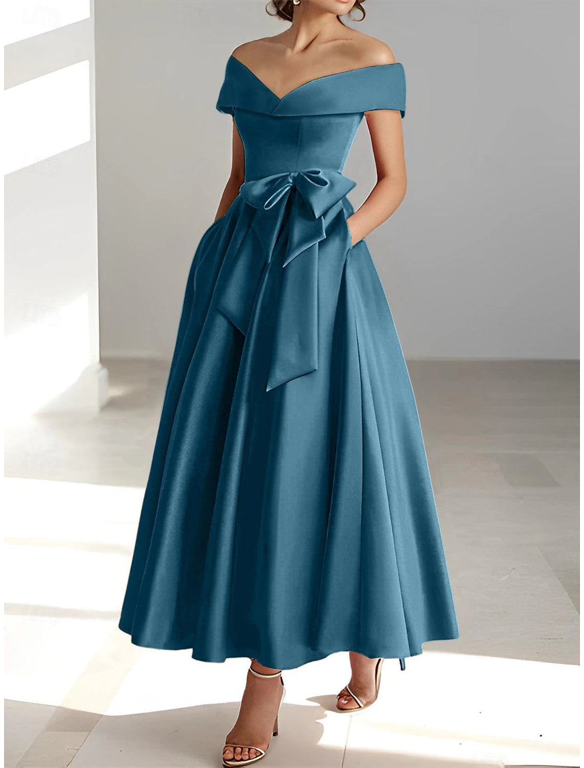 Luolandi A-Line Wedding Guest Dress Elegant Dress Semi-formal Dress Tea Length Short Sleeve Off Shoulder Pocket Satin with Bow(s) Evening Dress
