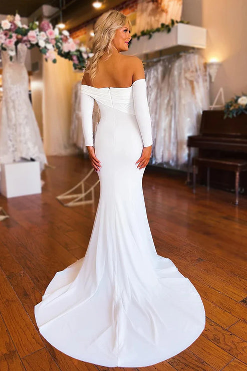 Luolandi Simple Boho Mermaid Long Wedding Dress with Sleeves Off Shoulder
