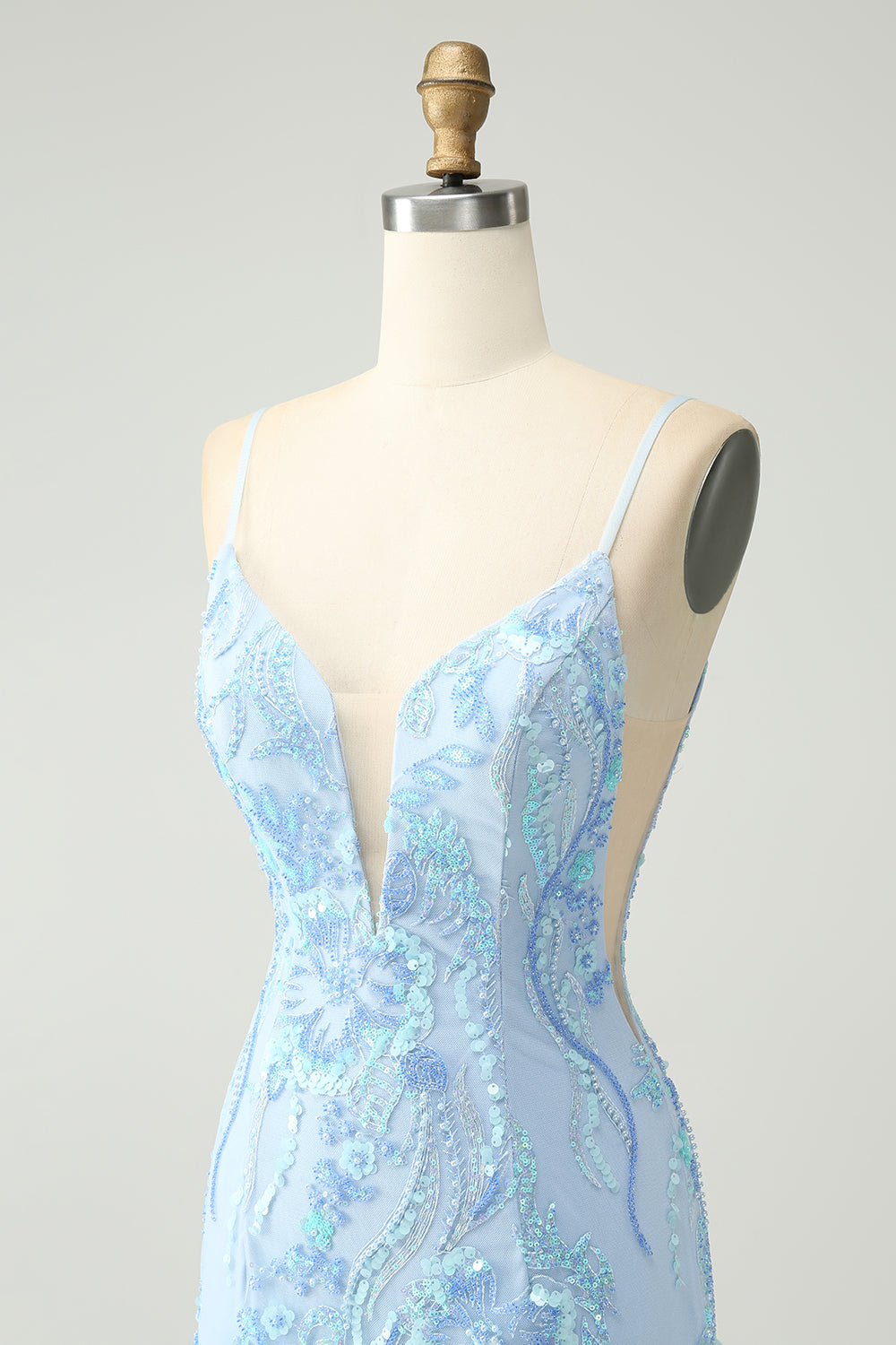 Luolandi Light Blue Spaghetti Straps Short Tight Homecoming Dress with Sequins Sexy Party Dress