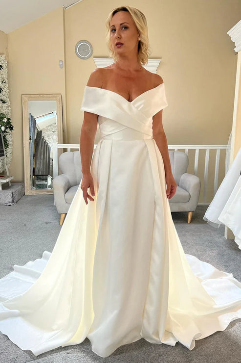 Luolandi Satin Off-the-Shoulder Long Wedding Dress with Slit Sexy