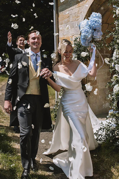 Luolandi Simple Mermaid Off the Shoulder Satin Wedding Dresses Long Sexy