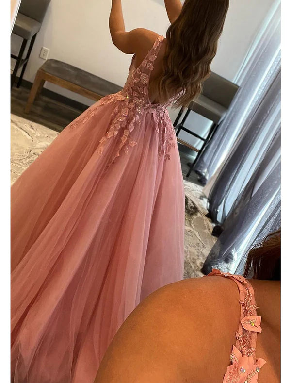 Luolandi A-Line Prom Dresses Open Back Dress Formal Wedding Guest Floor Length Sleeveless V Neck Tulle Backless with Pleats Beading Appliques Beautiful