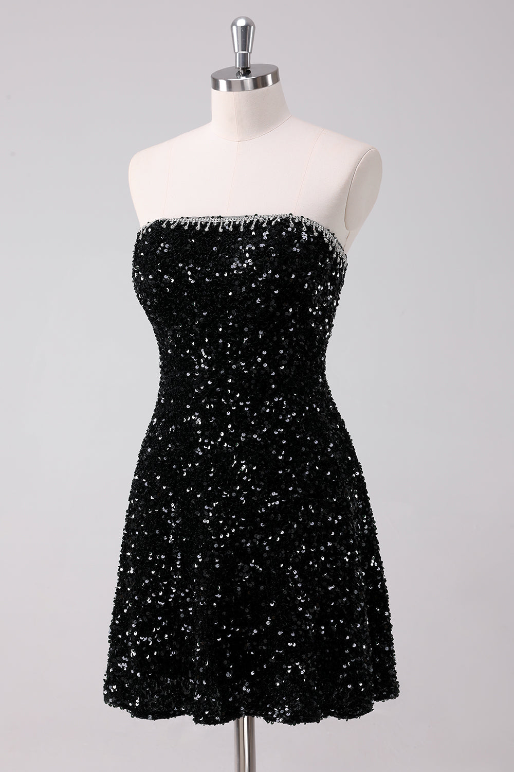 Luolandi Sparkly Black A Line Strapless Short Homecoming Dress with Sequins Off Shoulder Party Dress