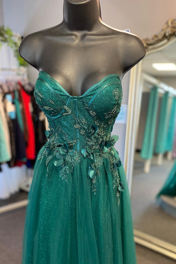 Luolandi Tulle 3D Floral Lace Sweetheart A-Line Prom Dress with Slit Sexy Evening Dress