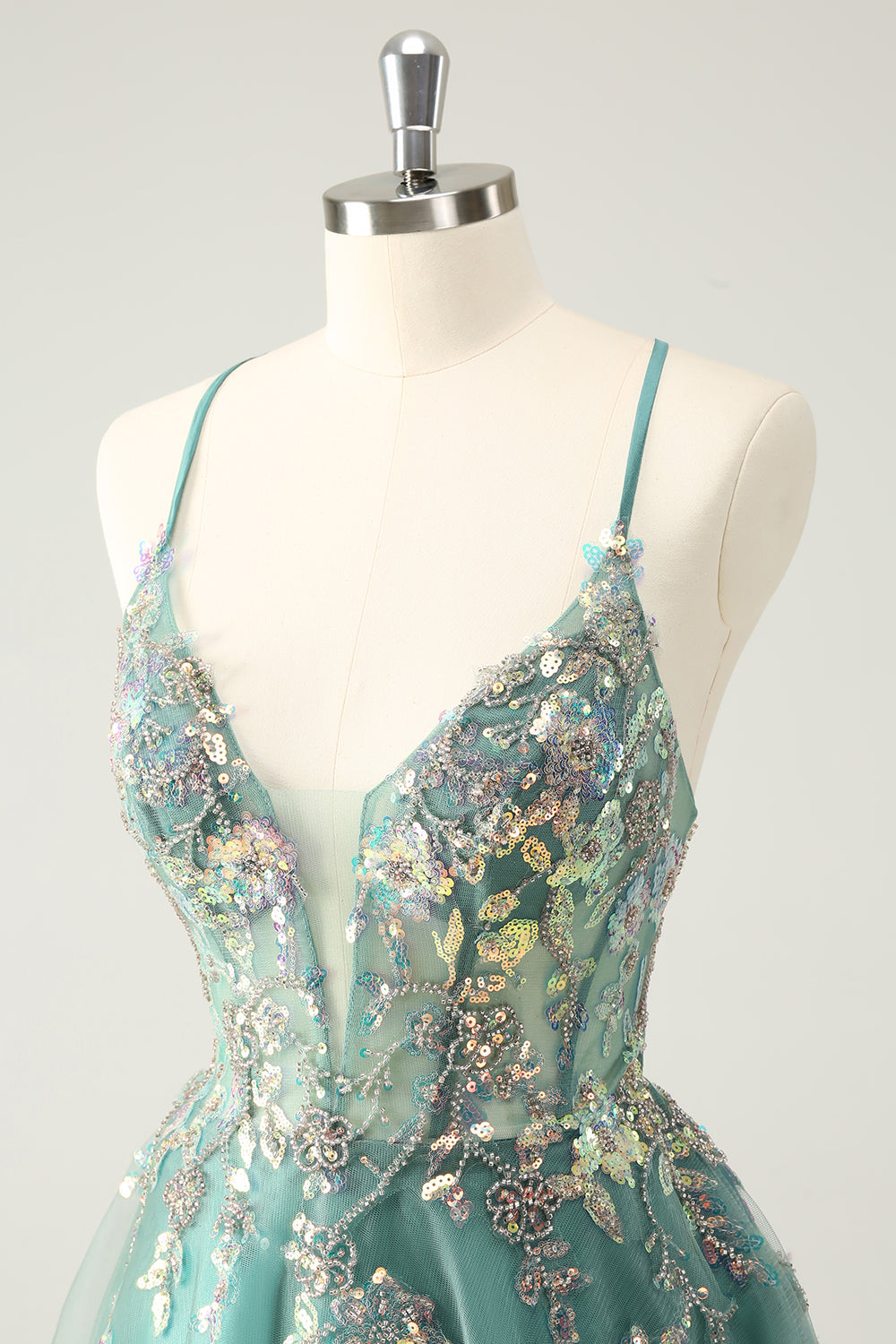 Luolandi Glitter Grey Green A Line Spaghetti Straps Sequins Homecoming Dresses with Appliques Sparkly Party Dress