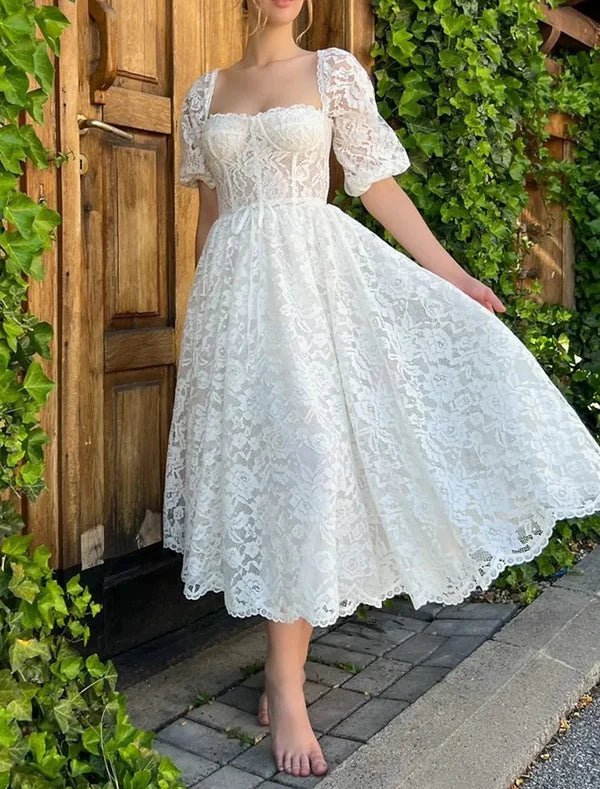 Luolandi Reception Little Dresses Wedding Dresses A-Line Sweetheart Half Sleeve Tea Length Lace Bridal Gowns With Appliques