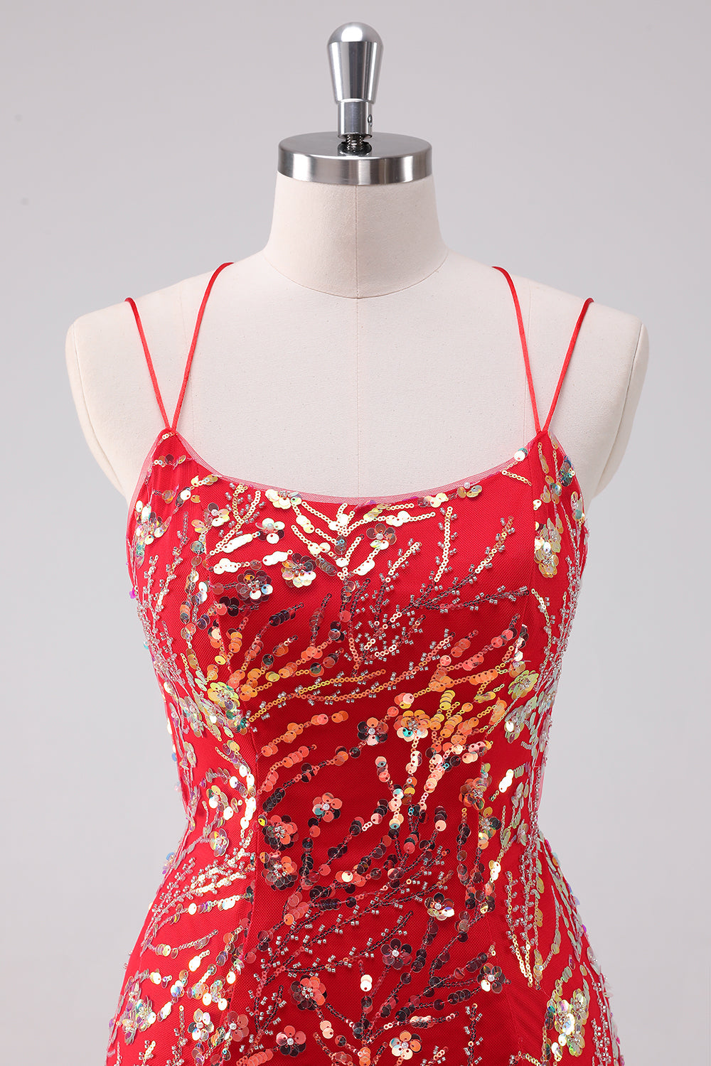 Luolandi Glitter Red Bodycon Spaghetti Straps Sequins Short Homecoming Dress Sparkly Party Dress