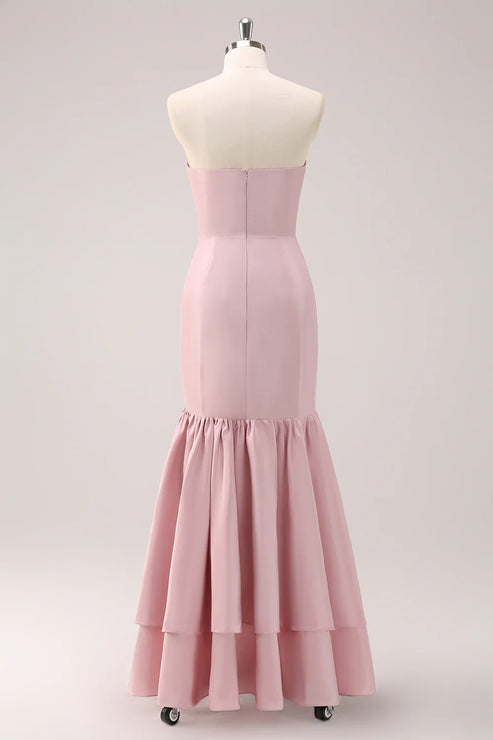 Luolandi Pink Strapless Asymmetrical Ruffled Bridesmaid Dress Off Shoulder Party Dress