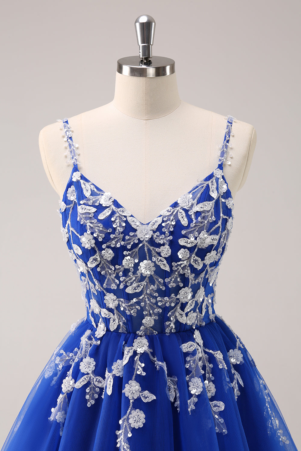 Luolandi Royal Blue A Line Spaghetti Straps Tulle Corset Sequins Homecoming Dress with Appliques Short
