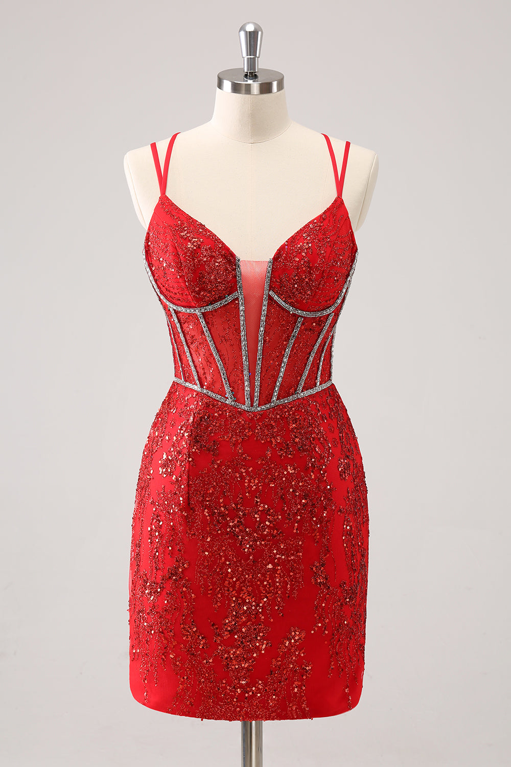 Luolandi Glitter Dark Green Corset Spaghetti Straps Short Tight Homecoming Dresses Sparkly Party Dress