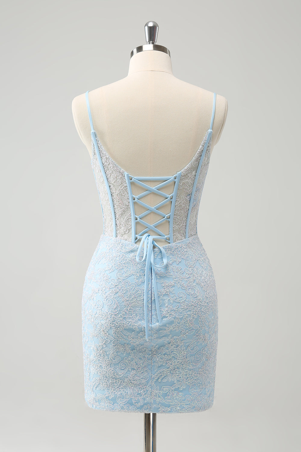 Luolandi Light Blue Corset Spaghetti Straps Short Tight Homecoming Dresses with Lace Up Back Sexy Party Dress