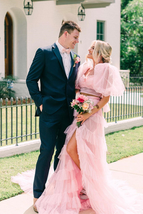 Luolandi A Line Tow-Piece Tulle Prom Dress with Slit Solid Color Evening Dress Party Dress