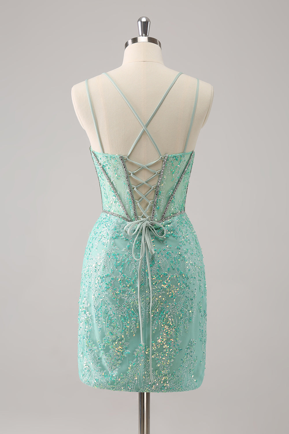 Luolandi Glitter Dark Green Corset Spaghetti Straps Short Tight Homecoming Dresses Sparkly Party Dress