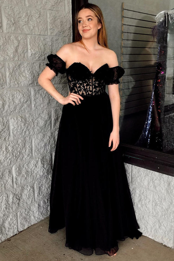 Luolandi A line Sweetheart Chiffon Prom Dress with Puff Sleeves Off Shoulder Floor Length