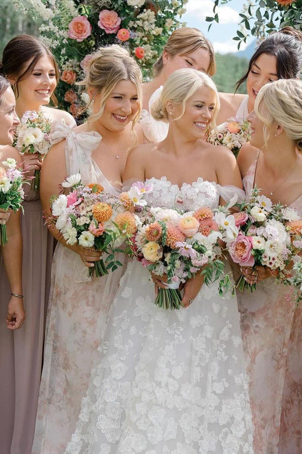 Luolandi Attractive A-Line Off the Shoulder Tulle Wedding Dresses With Flowers