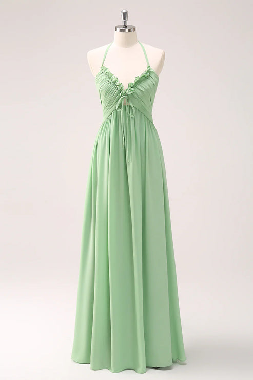 Luolandi Light Green A Line Halter Backless Lace Up Long Bridesmaid Dress Party Dress
