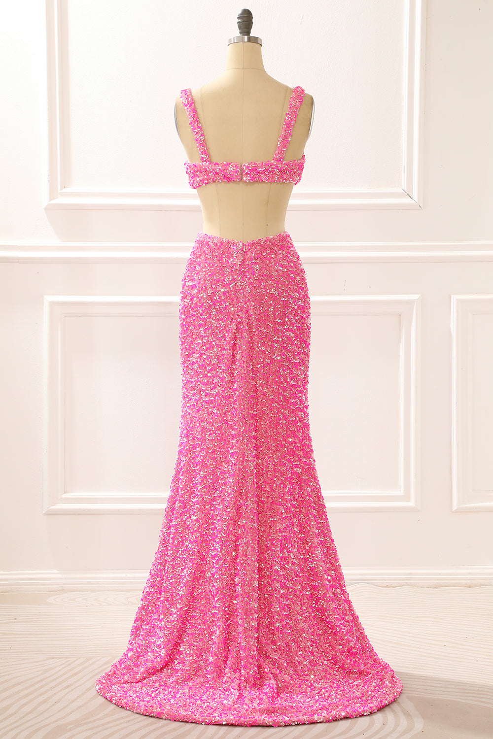 Luolandi Hot Pink Mermaid Sparkly Prom Dress With Slit V-neck Sparkly Evening Dress