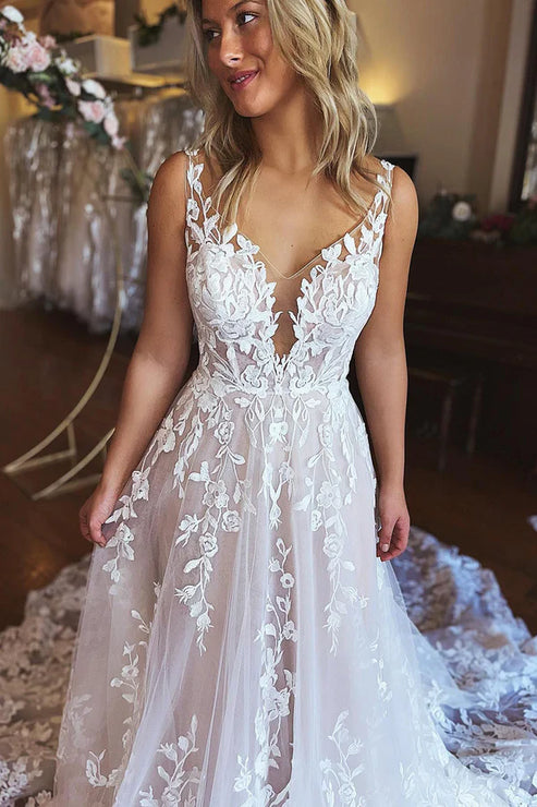 Luolandi Elegant A-Line V-Neck Backless Lace Long Wedding Dress Beautiful Bridal Gown