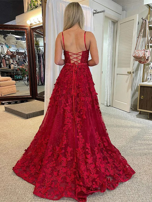 Luolandi A-Line/Princess Tulle Applique Spaghetti Straps Sleeveless Court Train Dresses Prom Dress