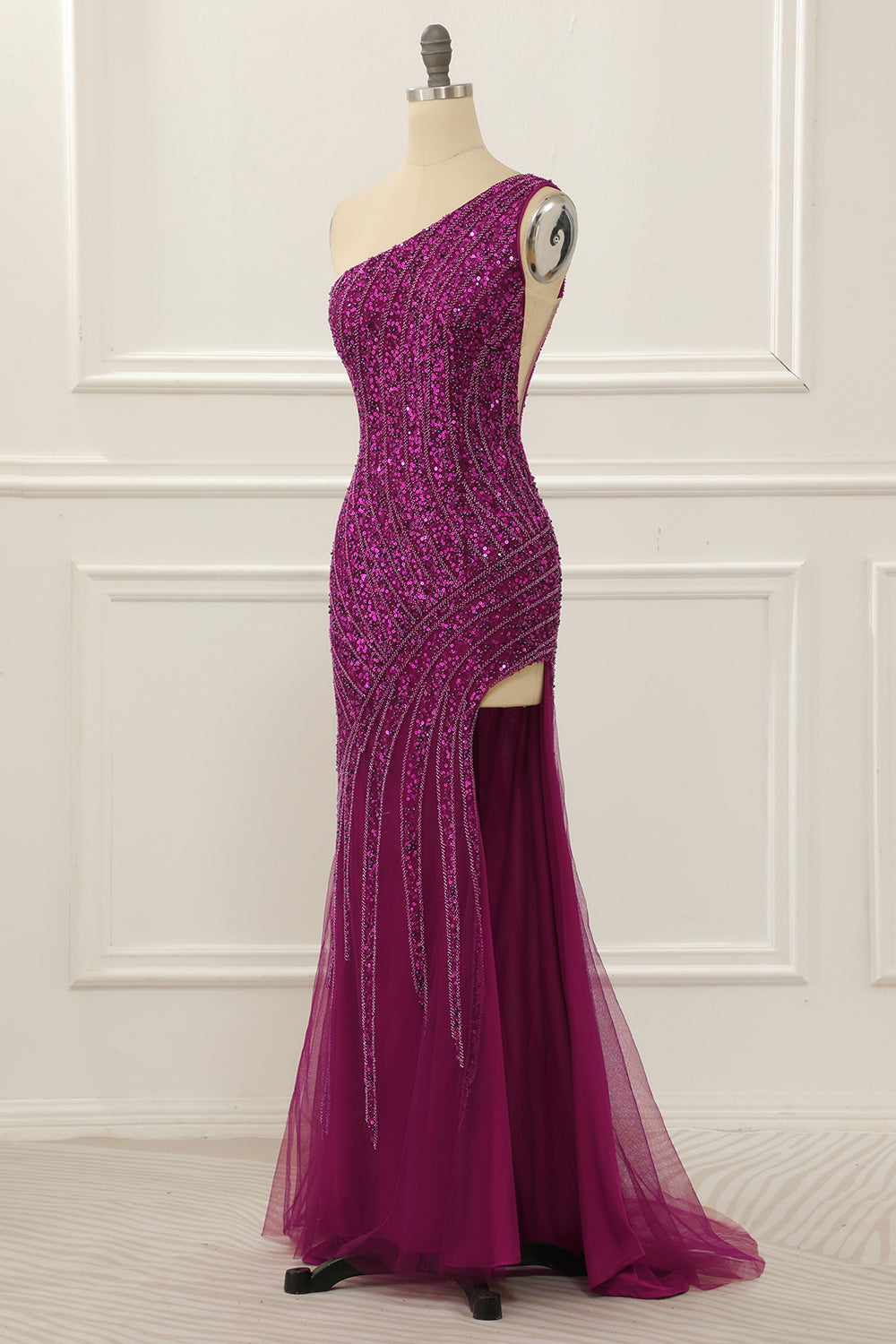 Luolandi One Shoulder Purple Beaded Prom Dress With Slit Sparkly Evening Dress