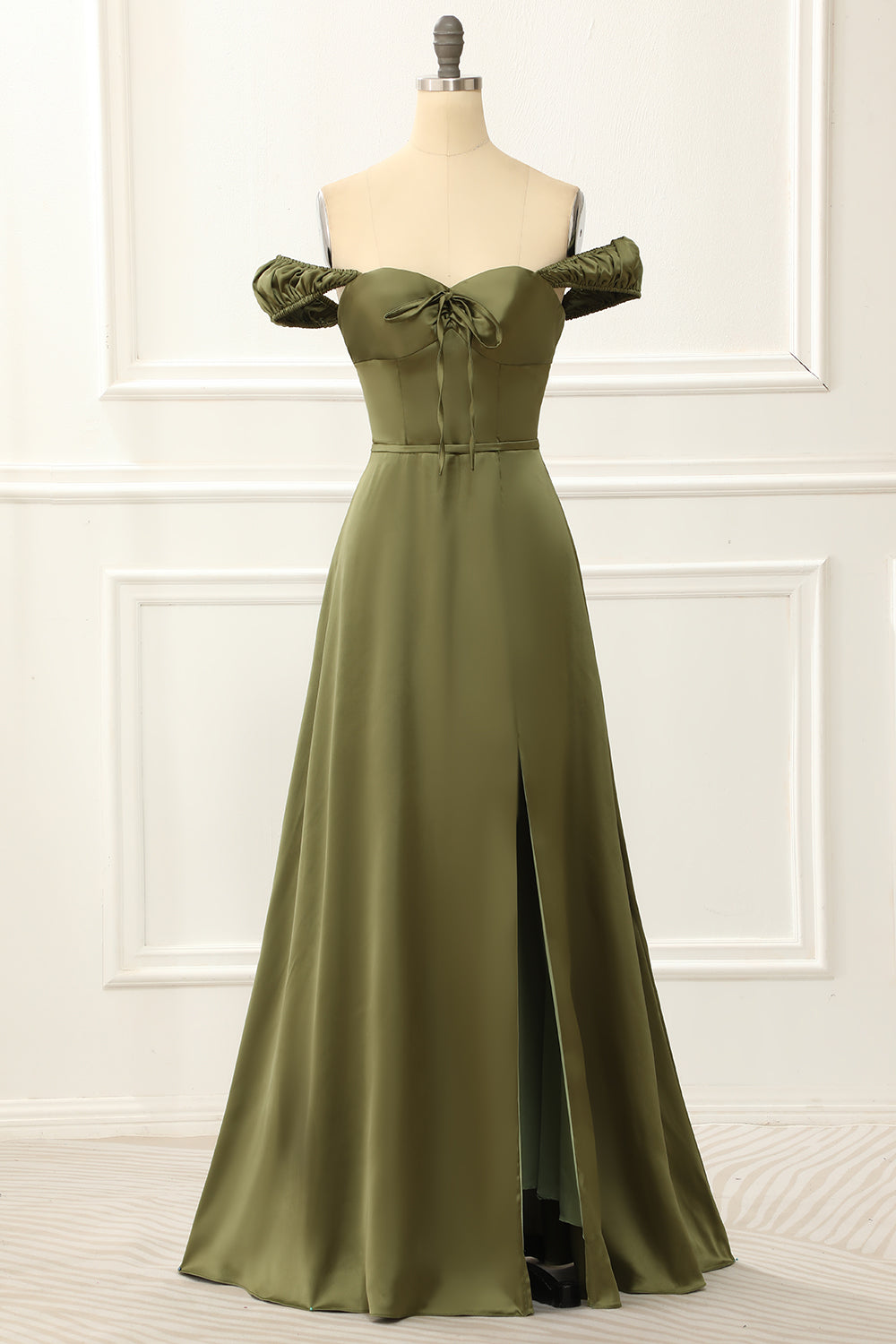 Luolandi Green Off Shoulder Satin Simple Prom Dress Bridesmaid Dress Party Dress With Slit