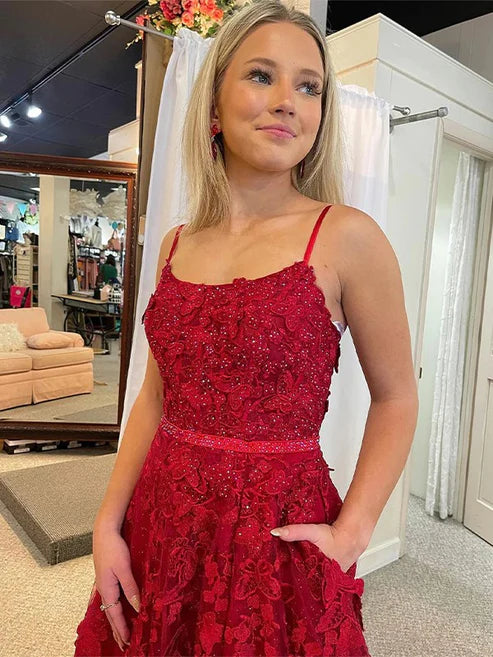 Luolandi A-Line/Princess Tulle Applique Spaghetti Straps Sleeveless Court Train Dresses Prom Dress