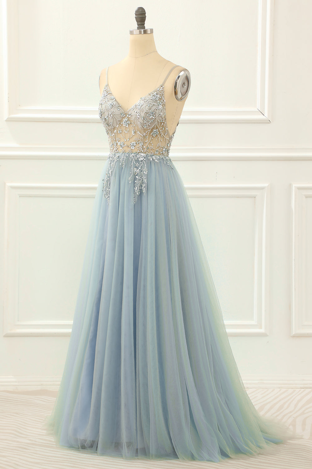 Luolandi Light Blue Beading Tulle A Line Sparkly Prom Dress V-neck Floor Length