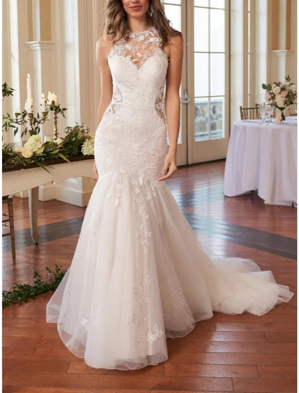 Luolandi Hall Formal Wedding Dresses Mermaid / Trumpet High Neck Sleeveless Court Train Lace Bridal Gowns With Pleats