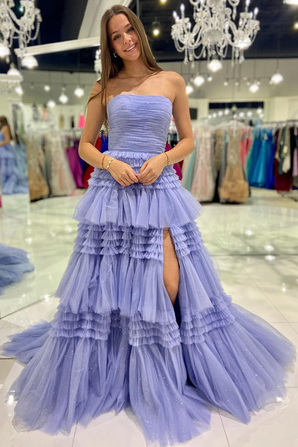 Luolandi A-Line Strapless Tulle Long Prom Dress with Tiered Ruffles Off Shoulder Evening Dress