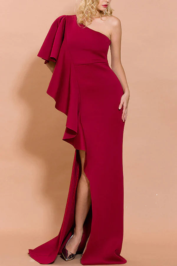Luolandi One Shoulder Wedding guest Dress Long Evening Party Dress With Slit Solid Color