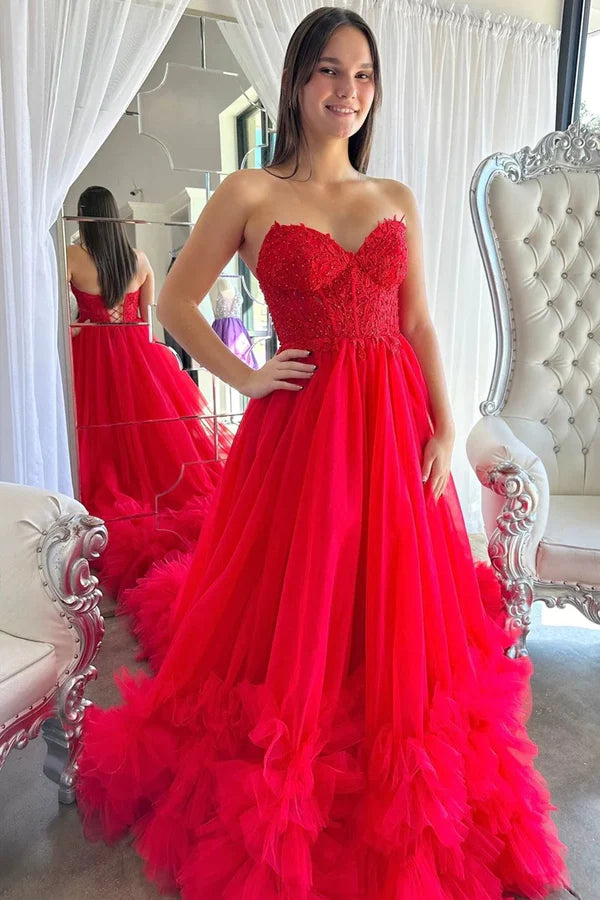 Luolandi Red Tulle Appliques Sweetheart Ruffle Long Prom Dress Off Shoulder Beautiful