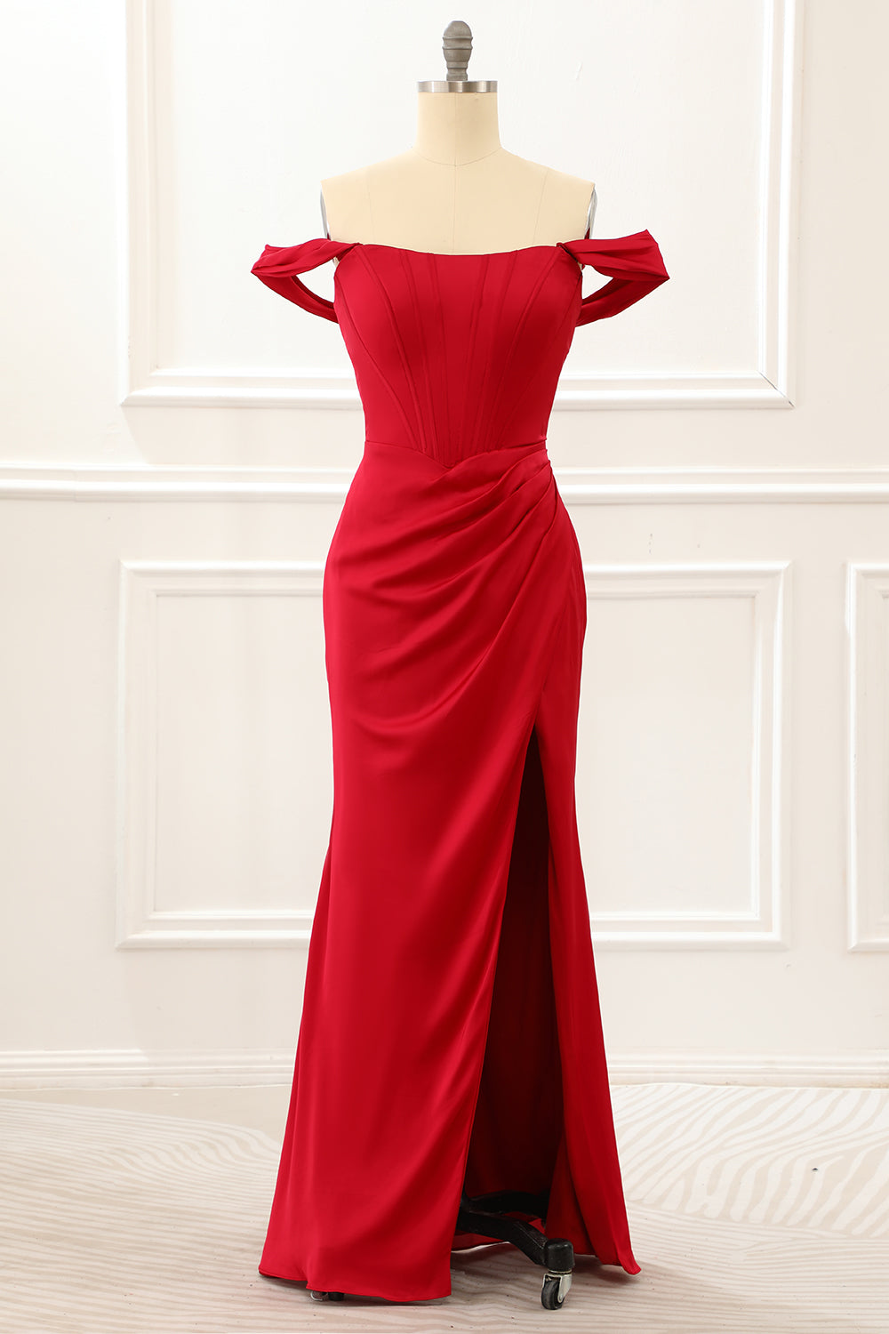 Luolandi Off The Shoulder Ruffles Burgundy Prom Dress With Slit Sexy Evening Dress