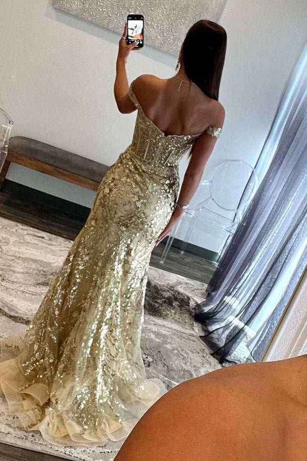 Luolandi Gold Sequin Lace Off the Shoulder Mermaid Prom Dress Sparkly Evening Dress
