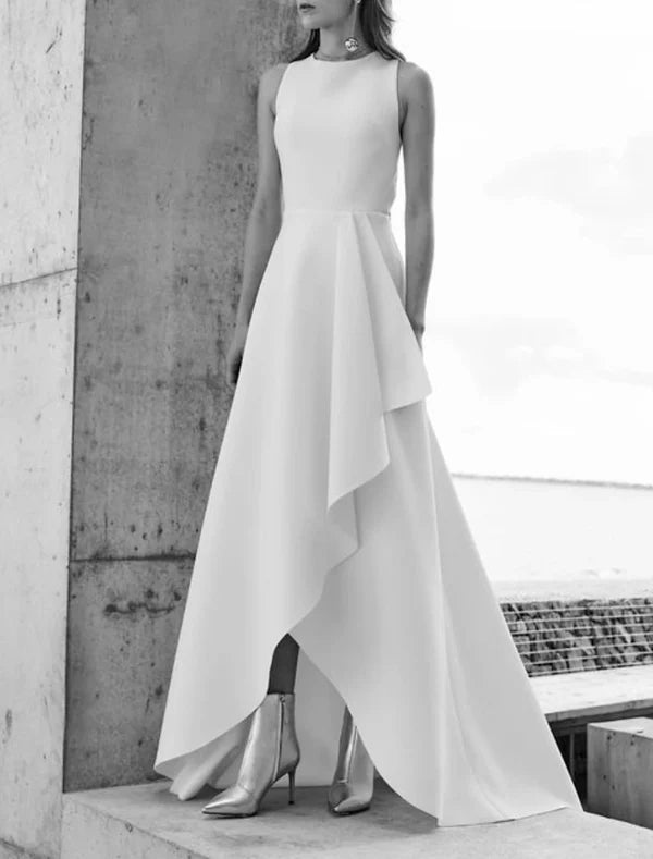 Luolandi Bridal Shower Formal Wedding Dresses A-Line Scoop Neck Sleeveless Asymmetrical Satin Bridal Gowns With Split