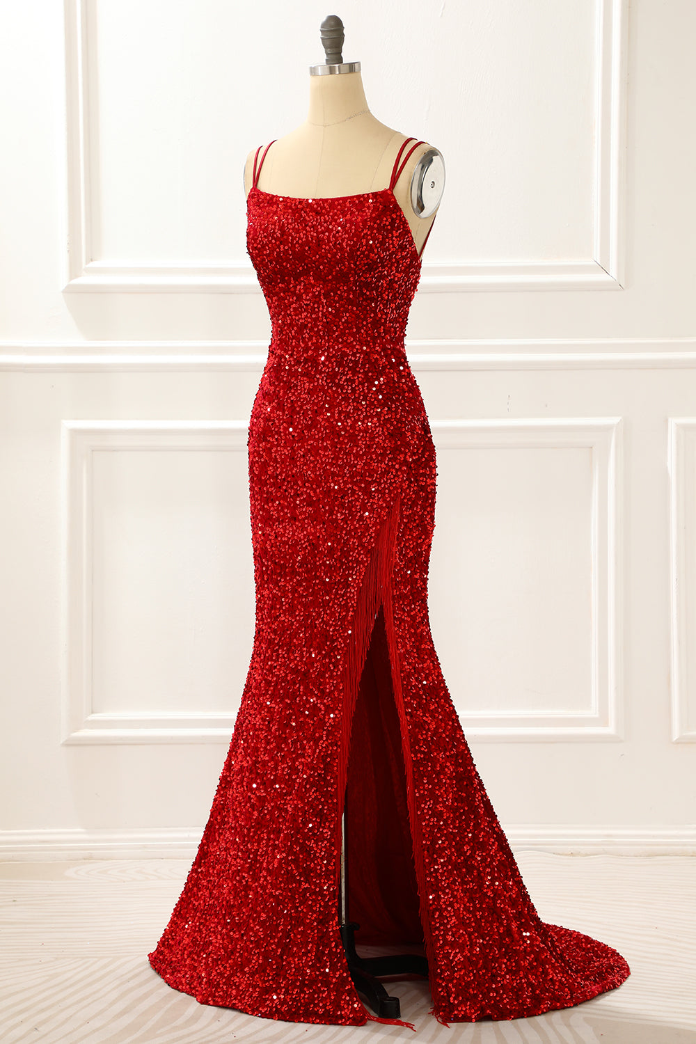 Luolandi Mermaid Red Sparkly Prom Dress With Fringes And Slit Floor Length Sexy Evening Dress