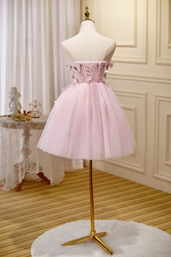 Luolandi A-line Tulle Short Homecoming Dress Off Shoulder Pink Party Dress With Flowers