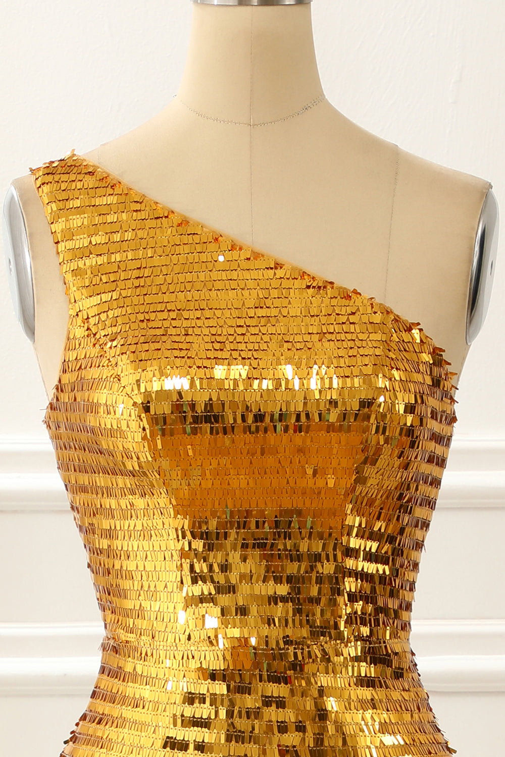 Luolandi One Shoulder Gold Sparkly Prom Dress With Slit Floor Length Evening Dress