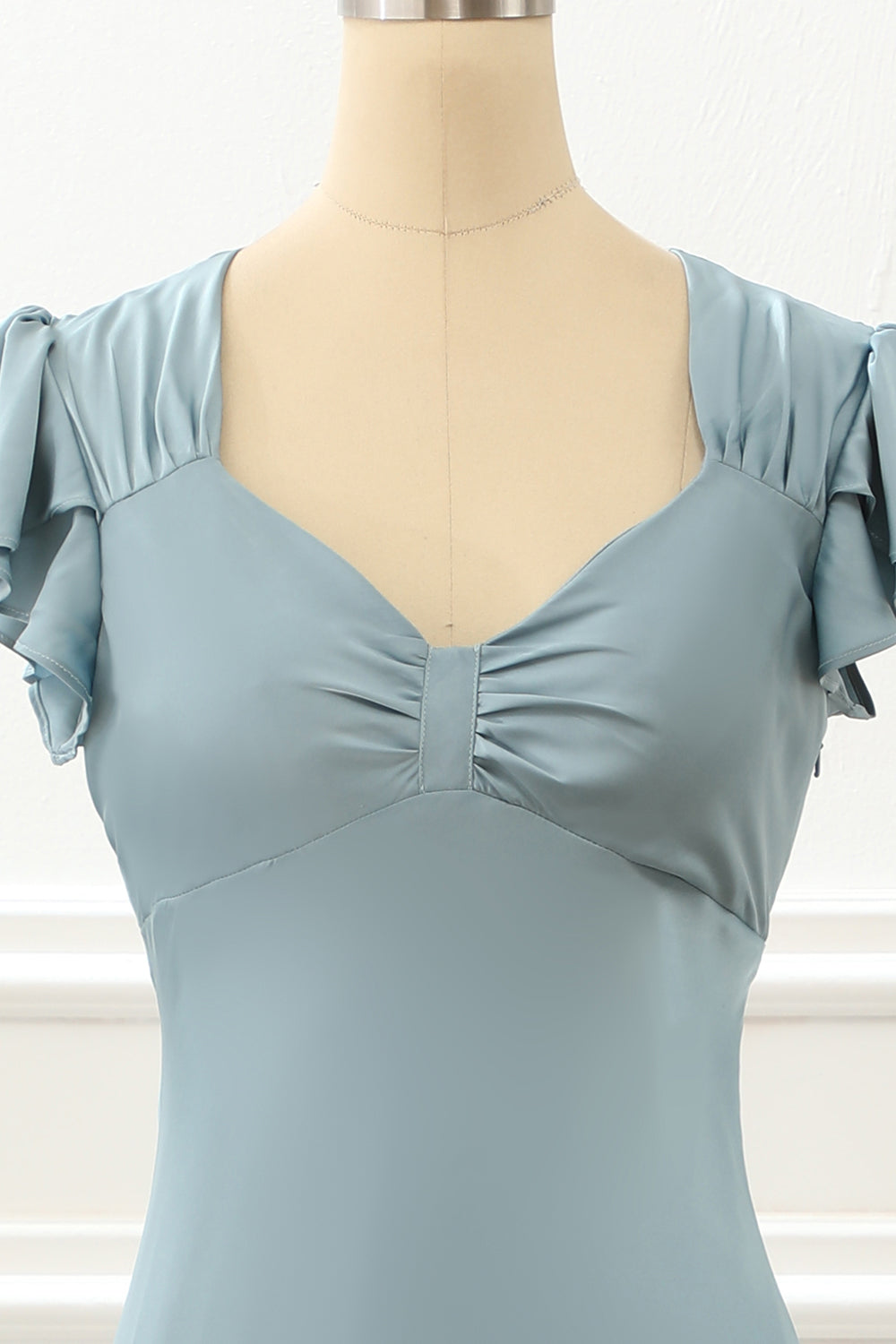 Luolandi Blue Satin Simple Prom Dress With Ruffles Short Sleeve Bridesmaid Dress Party Dress