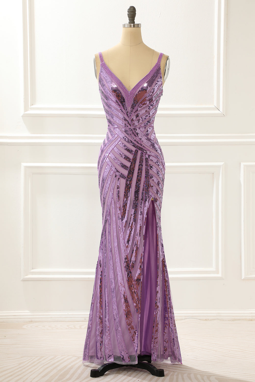 Luolandi Purple V-Neck Sparkly Prom Dress With Slit Sparkly Evening Dress