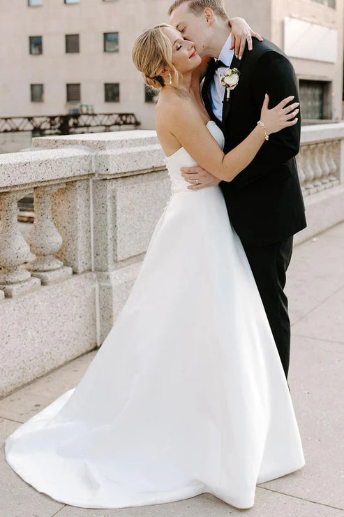 Luolandi A-Line Sweetheart Satin Wedding Dresses Off Shoulder Long