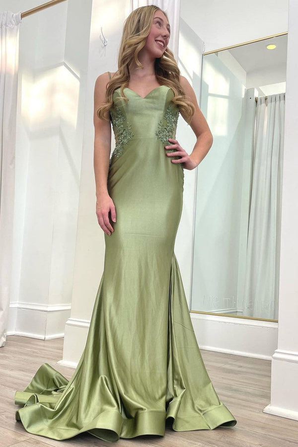 Luolandi Sage Green Spaghetti Strap Backless Trumpet Long Gown Sexy Evening Dress