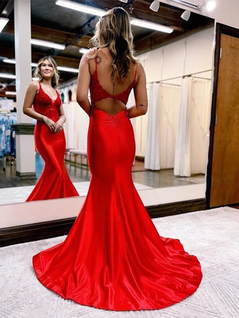 Luolandi Trumpet/Mermaid Woven Satin Applique V-neck Sleeveless Court Train Dresses Sexy Evening Dress