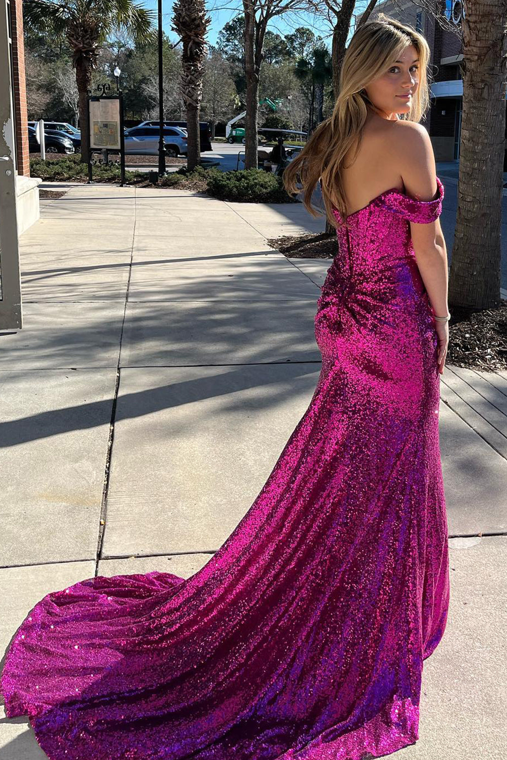 Luolandi Blue Off Shoulder Mermaid Prom Dress With Slit Sparkly Evening Dress