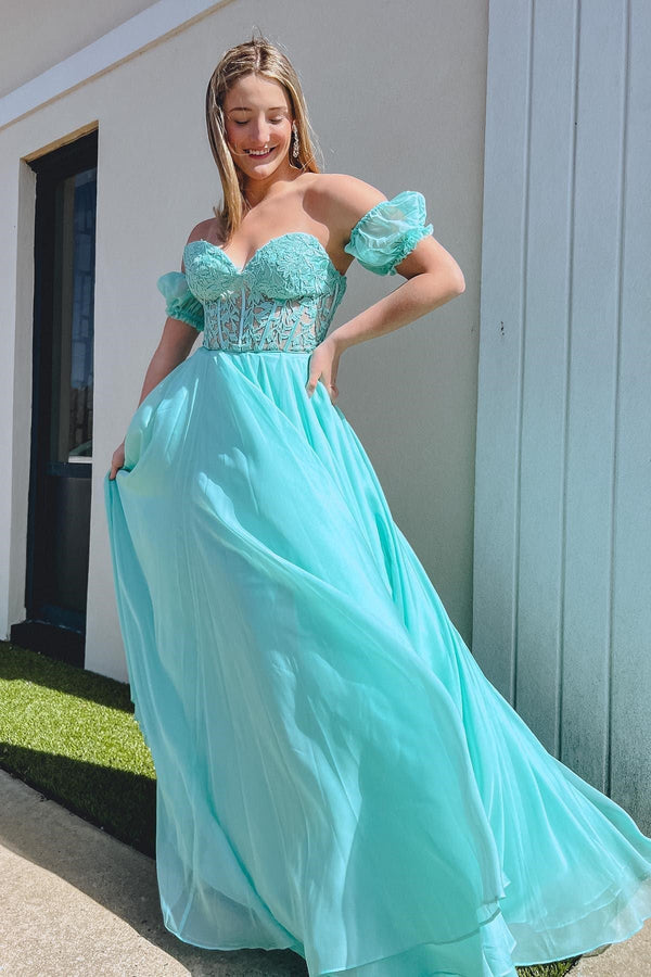 Luolandi A line Sweetheart Chiffon Prom Dress with Puff Sleeves Off Shoulder Floor Length